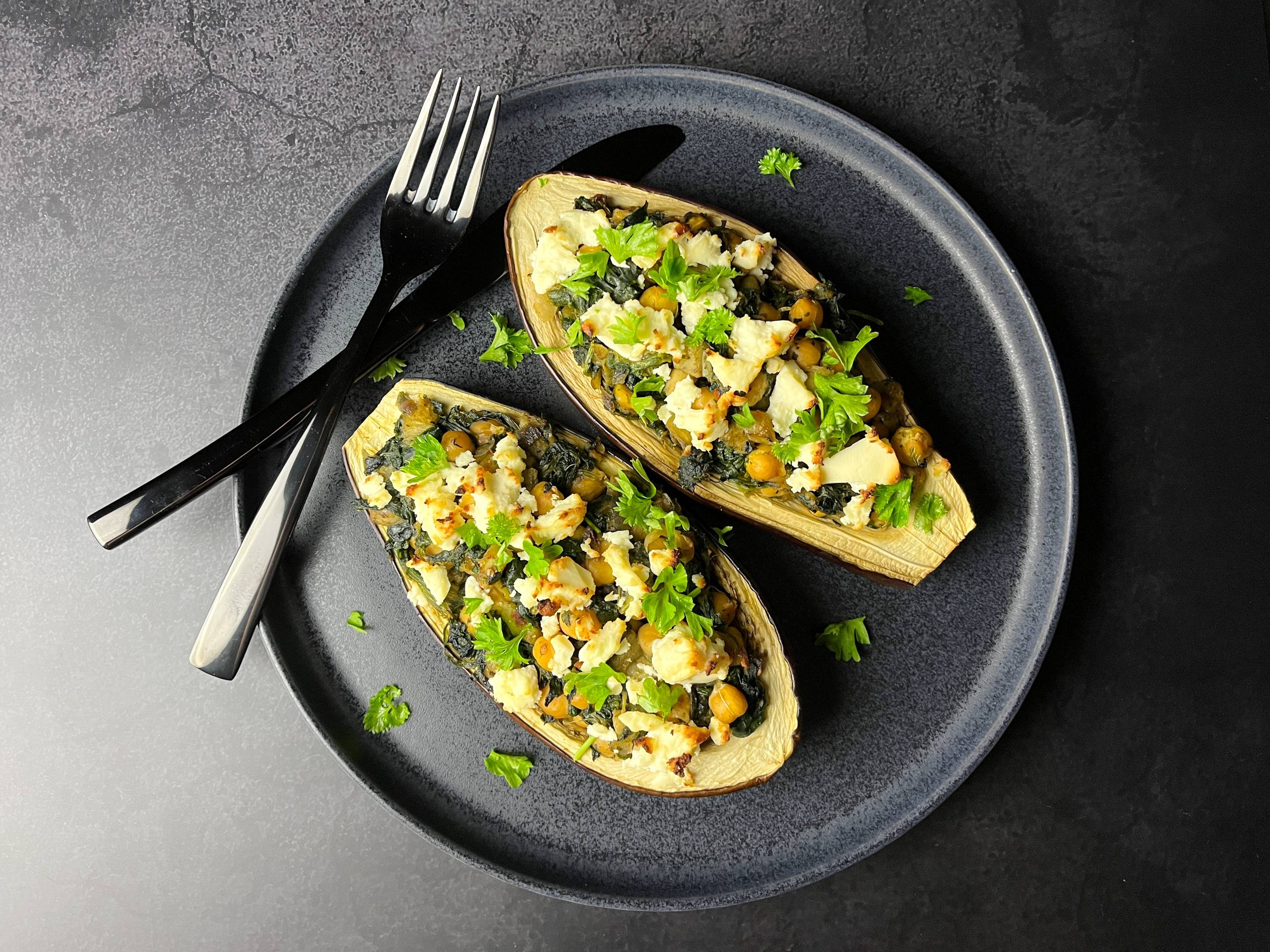 Eggplant stuffed with chickpeas and spinach