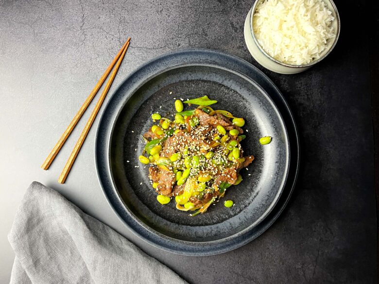 Gochujang beef with edamame beans